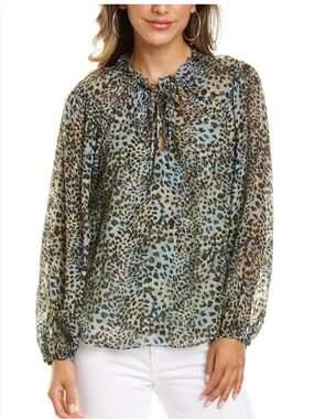Rebecca Taylor silk leopard animal print blouse & tank size 2 green tan black